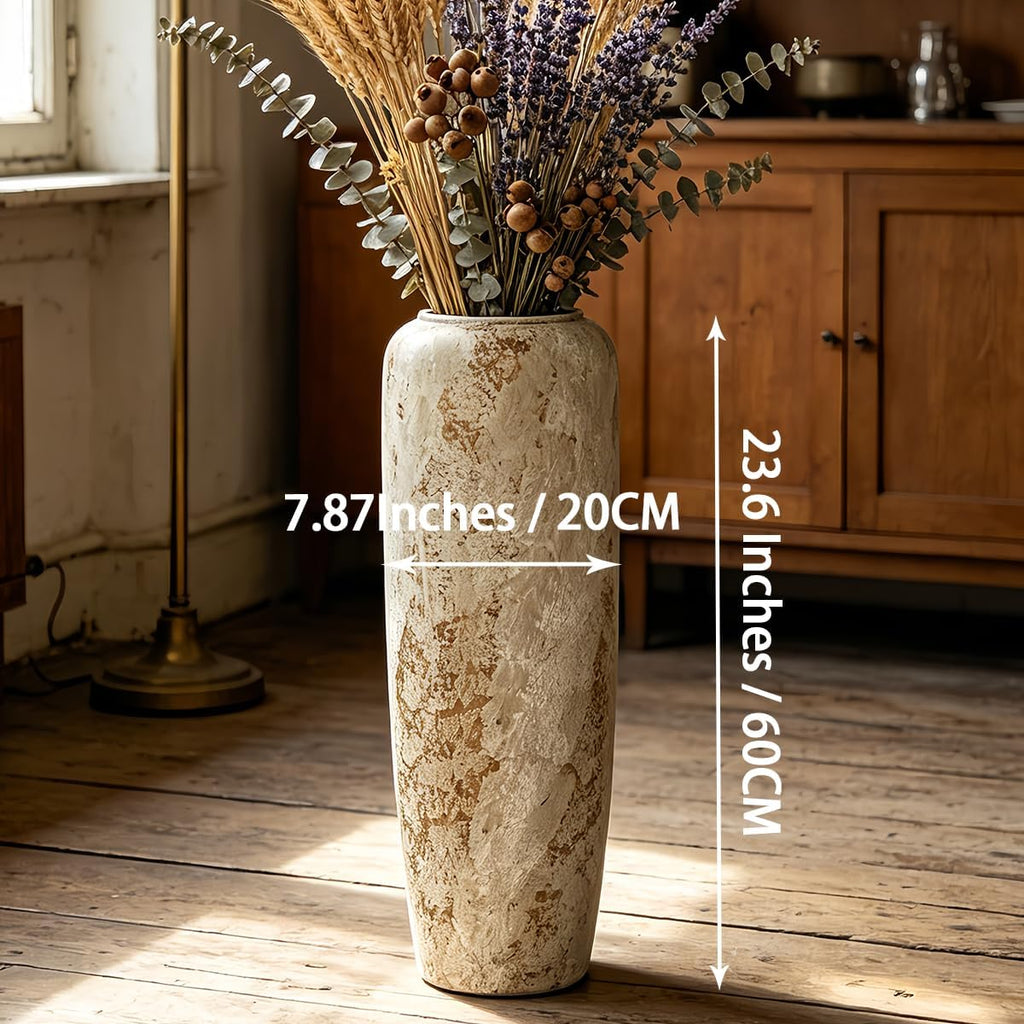 Rustic Oversized Ceramic Floor Vase – 23.6 Inch Handpainted Rustic Pottery Vase, Extra Tall Neutral Vases for Corner, Foyer & Large Floral Arrangements