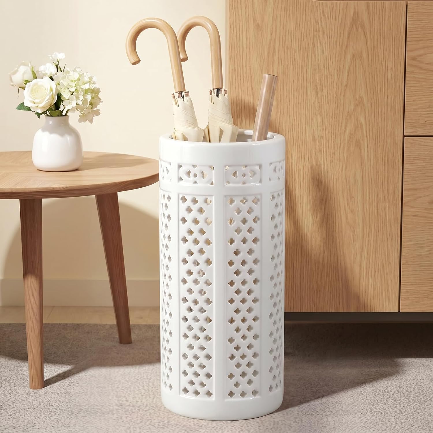 Sawysine White Ceramic Umbrella Stand with Hollow-out Design Heavy Porcelain Umbrella Holder for Entryway 17' Heavy Porcelain Holder for Umbrellas Canes Home Decor Walking Sticks