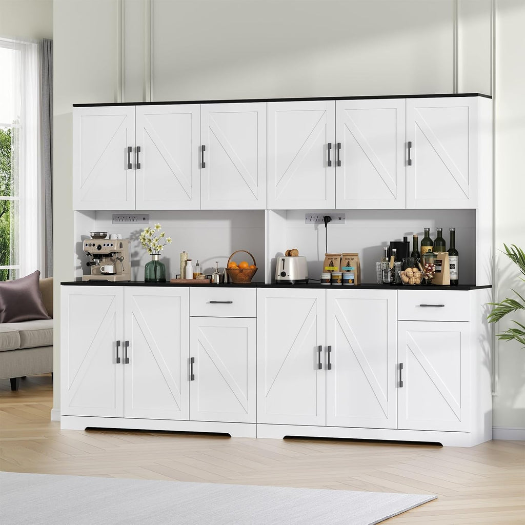 Gyfimoie 71'' Farmhouse Kitchen Pantry Cabinet, Tall Storage Cabinet with Power Outlet, Freestanding Hutch with Drawer, 4 Adjustable Shelf & 6 Doors for Kitchen Living Room (White)