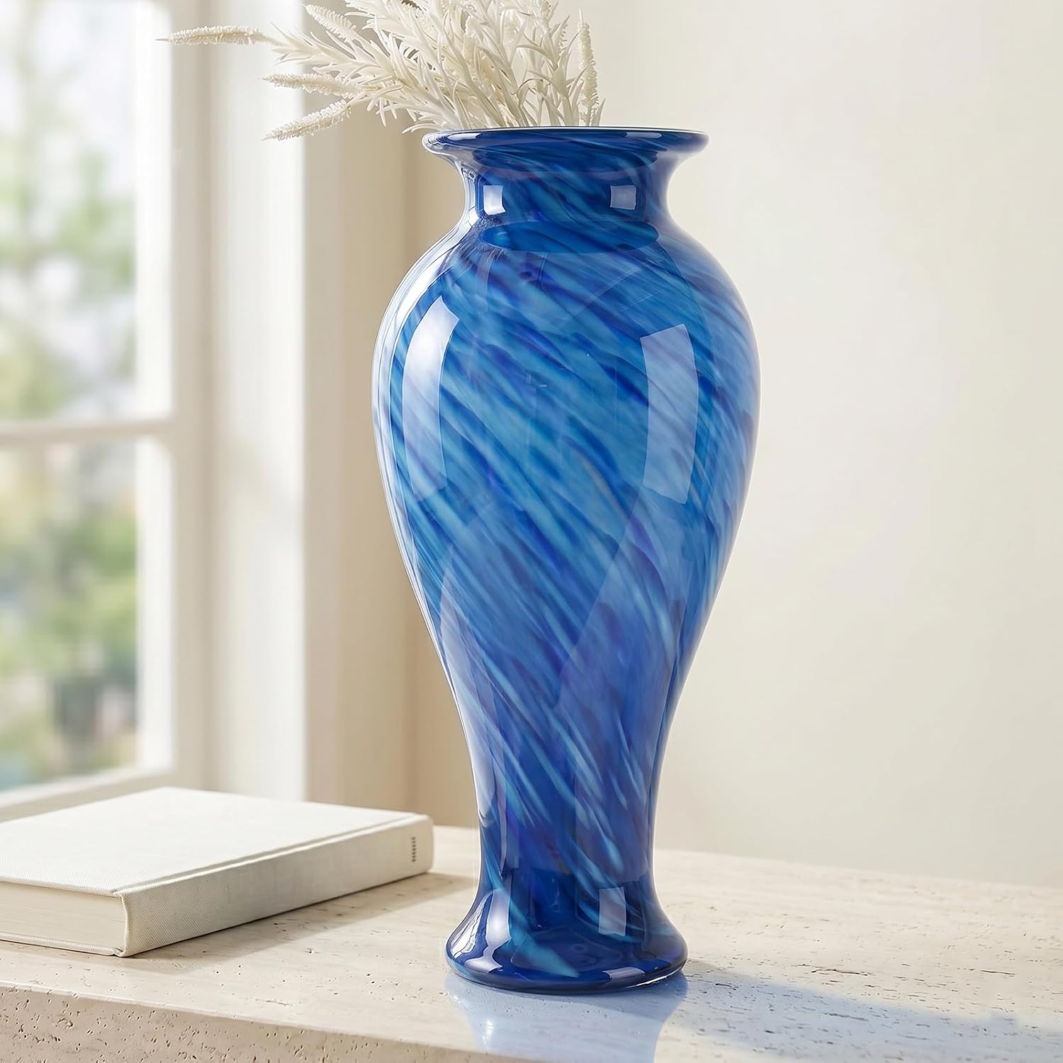 20' Tall Blue Glass Vase Hand Blown Large Floor Glass Vase Home Decor, Pretty Modern Dark Blue Flowers Vases, Jarrones Grandes para Sala Elegantes, Large Vases for Living Room Wedding Decor