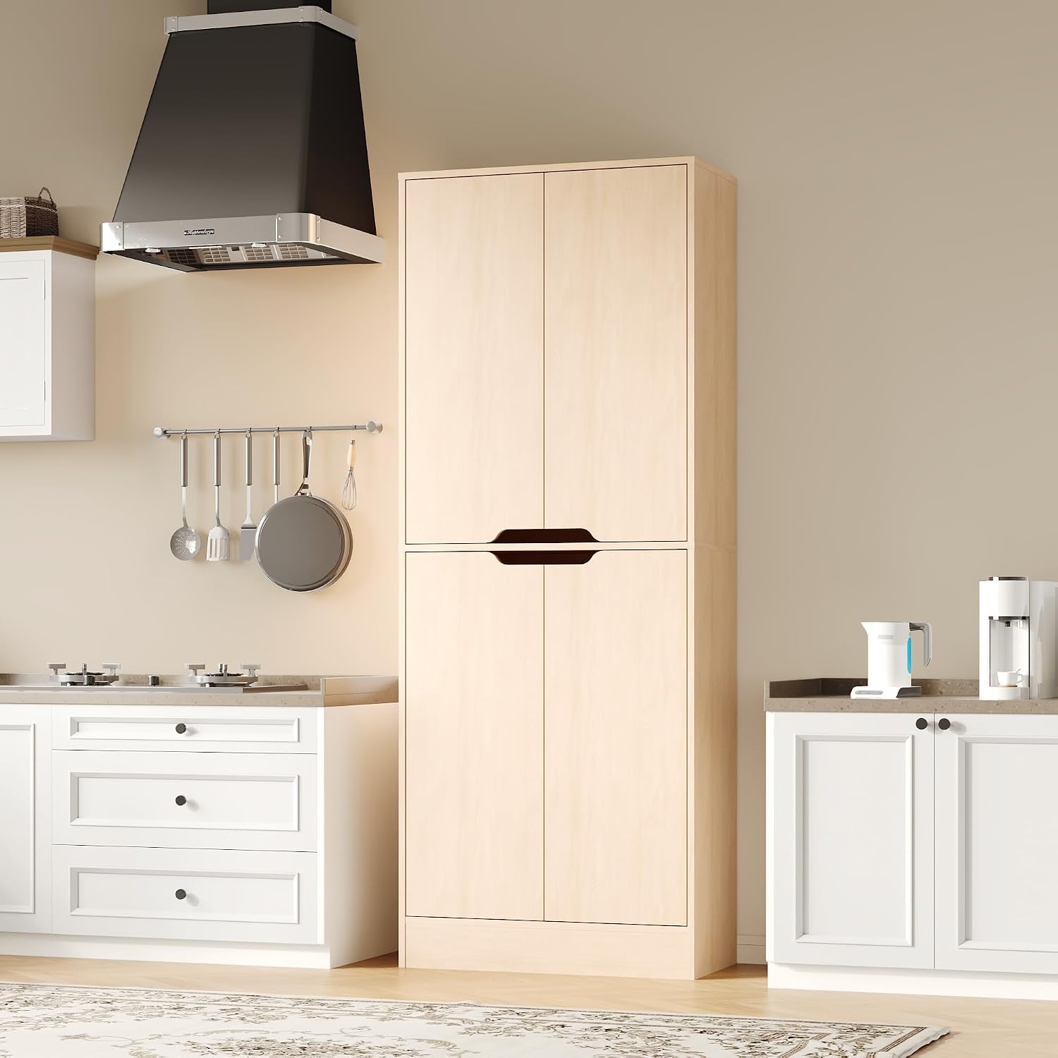 Housoul 71' Tall Freestanding Pantry Cabinet, 4 Doors Larder Cupboard with Adjustable Shelves, Kitchen Hutch for Kitchen & Dining Room, Oak
