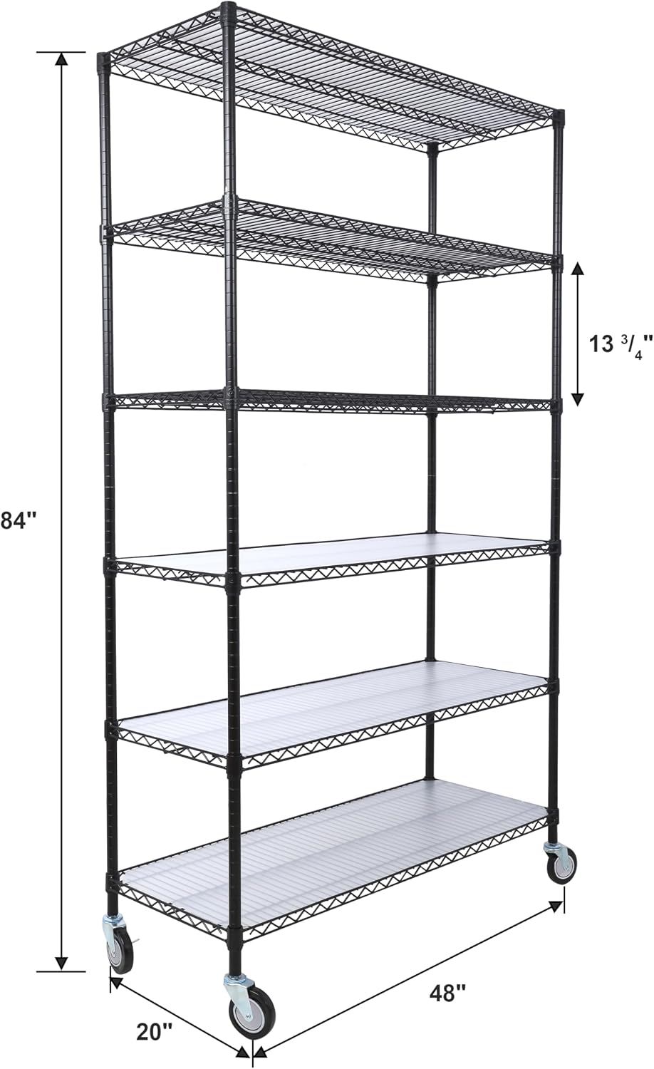 Heavy-Duty 6-Tier NSF Commercial Shelving Unit - 6000LB Capacity Adjustable Metal Storage Rack with Wheels, 84' H x 48' L x 20' D, Steel Wire Shelving for Warehouse/Garage/Restaurant (Black)