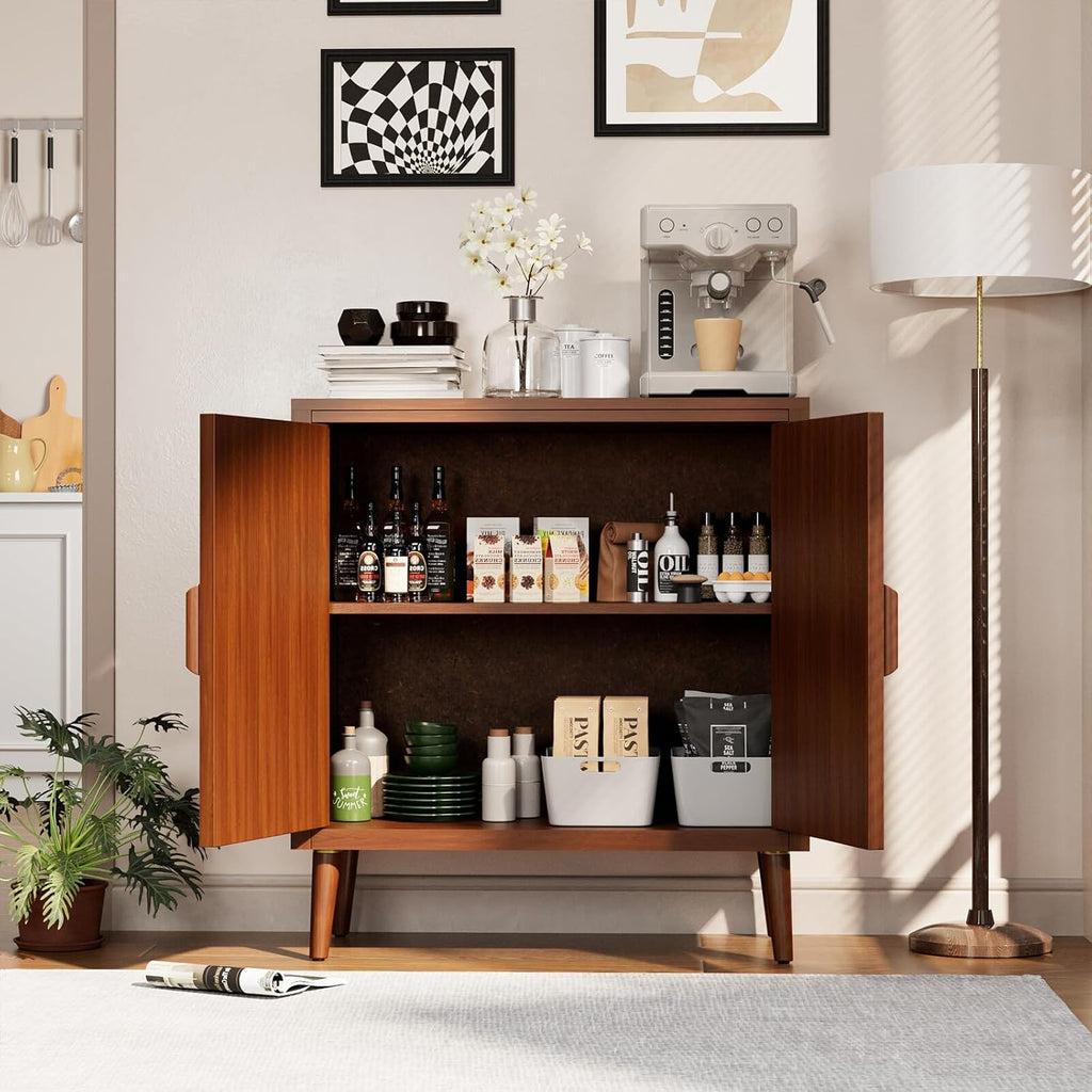 COSIEST 30' W Storage Cabinet with Doors and Shelves, Mid-Century Cabinet with Adjustable Shelf, Accent Sideboard for Kitchen, Dining Room, Living Room, or Hallway (Brown, Line Pattern)