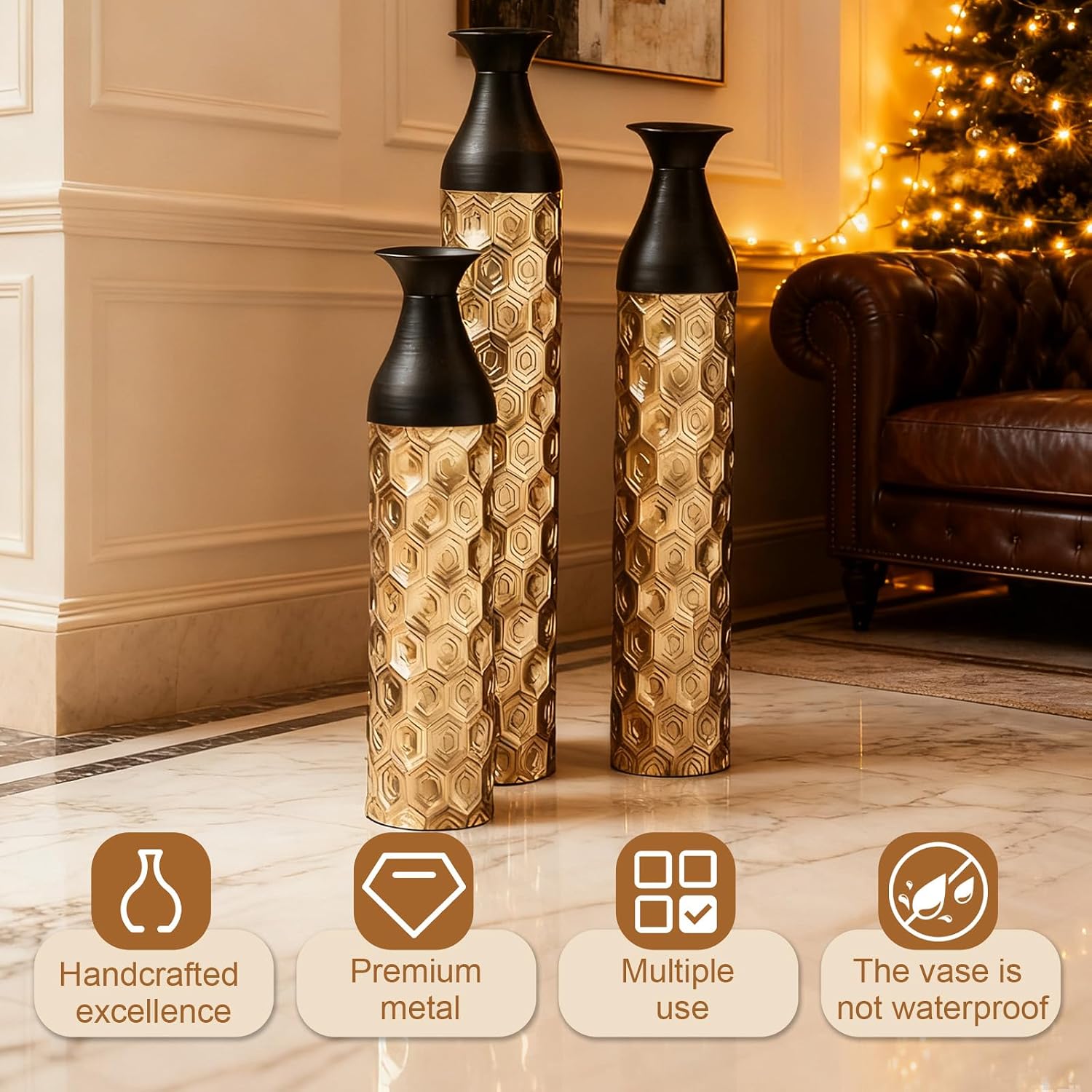 Floor Vases Decorative Tall - 24.8/29.1/33.8 in Metal Cylinder Vases Extra Large Decorative Vase Set of 3 Living Room Luxury Big Standing Decor for Dining Bedroom Home Corner Indoor