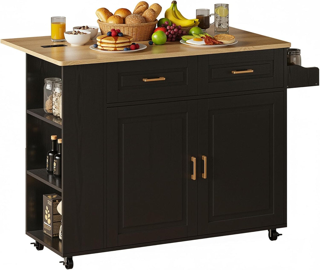 IRONCK Kitchen Island with Power Outlet & Drop Leaf, 47.2' Width Rolling Kitchen Island on Wheels with Storage, Mobile Kitchen Island Cart with Spice Rack, Open Shelves and Drawer, Black