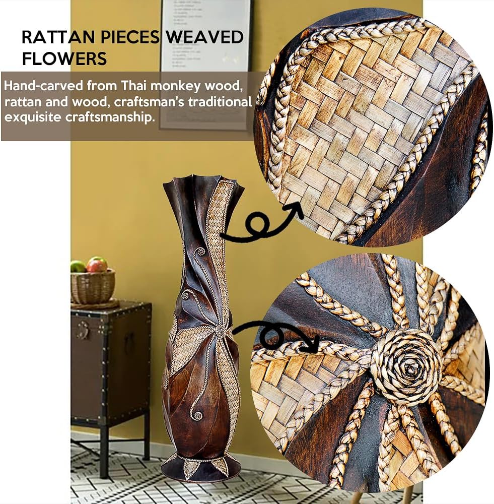 Tall Floor Vase, 24'' Designed Handcrafted Wood Decorative Large Brown Vases with Weaving Bamboo Strips, Wide Mouth Opening Corner Vase for Living Room Home Decor, Pampas Grass, Hallway