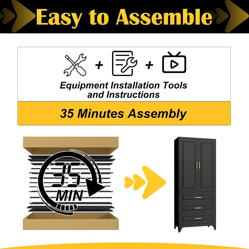 SteeLoong 75' Kitchen Pantry Cabinet with 3 Drawers,Metal Storage Cabinets with Doors and 2 Adjustable Shelves,Black Kitchen Cabinet with 2 Gold Handles,Food Cupboard for Livingroom, Bathroom,Pantry