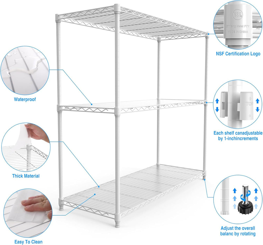 pouseayar 3 Tier NSF Metal Shelf Wire Shelving Unit, 1050lbs Capacity Heavy Duty Adjustable Storage Rack with Shelf Liners - 48' H x 48' L x 18' D for Closet Kitchen Garage Basement and More - White