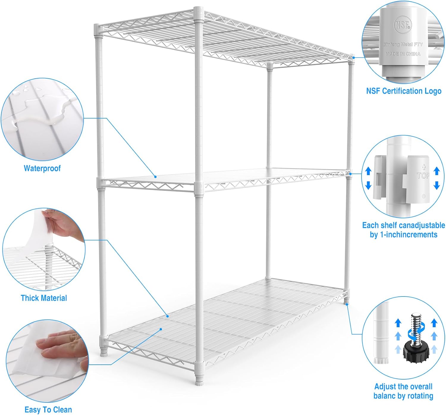 pouseayar 3 Tier NSF Metal Shelf Wire Shelving Unit, 1050lbs Capacity Heavy Duty Adjustable Storage Rack with Shelf Liners - 48' H x 48' L x 18' D for Closet Kitchen Garage Basement and More - White