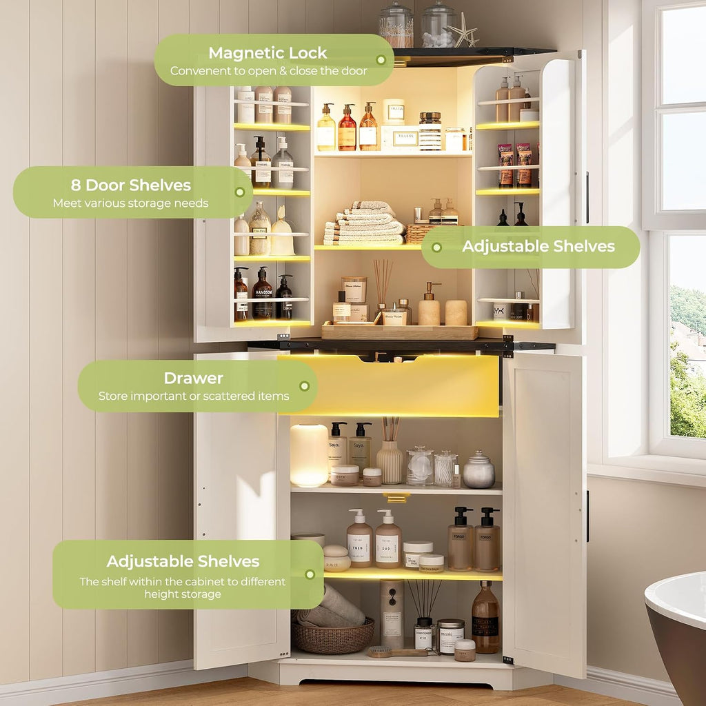 Dripex 71' Corner Cabinet White, Farmhouse Kitchen Pantry Cabinet with Doors Storage & Adjustable Shelves, Tall Corner Storage Cabinet with LED Light, Food Pantry for Living Room, Dining Room