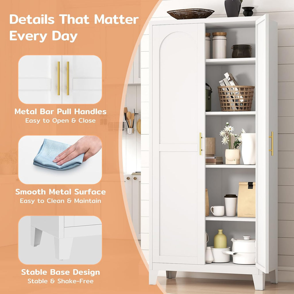Zevemomo 71'' Tall Metal Pantry Cabinet with 2 Doors, Freestanding Kitchen Storage Cabinet with 4 Adjustable Shelves, Steel Cupboard for Kitchen, Pantry, Dining Room, Living Room, Bathroom, White