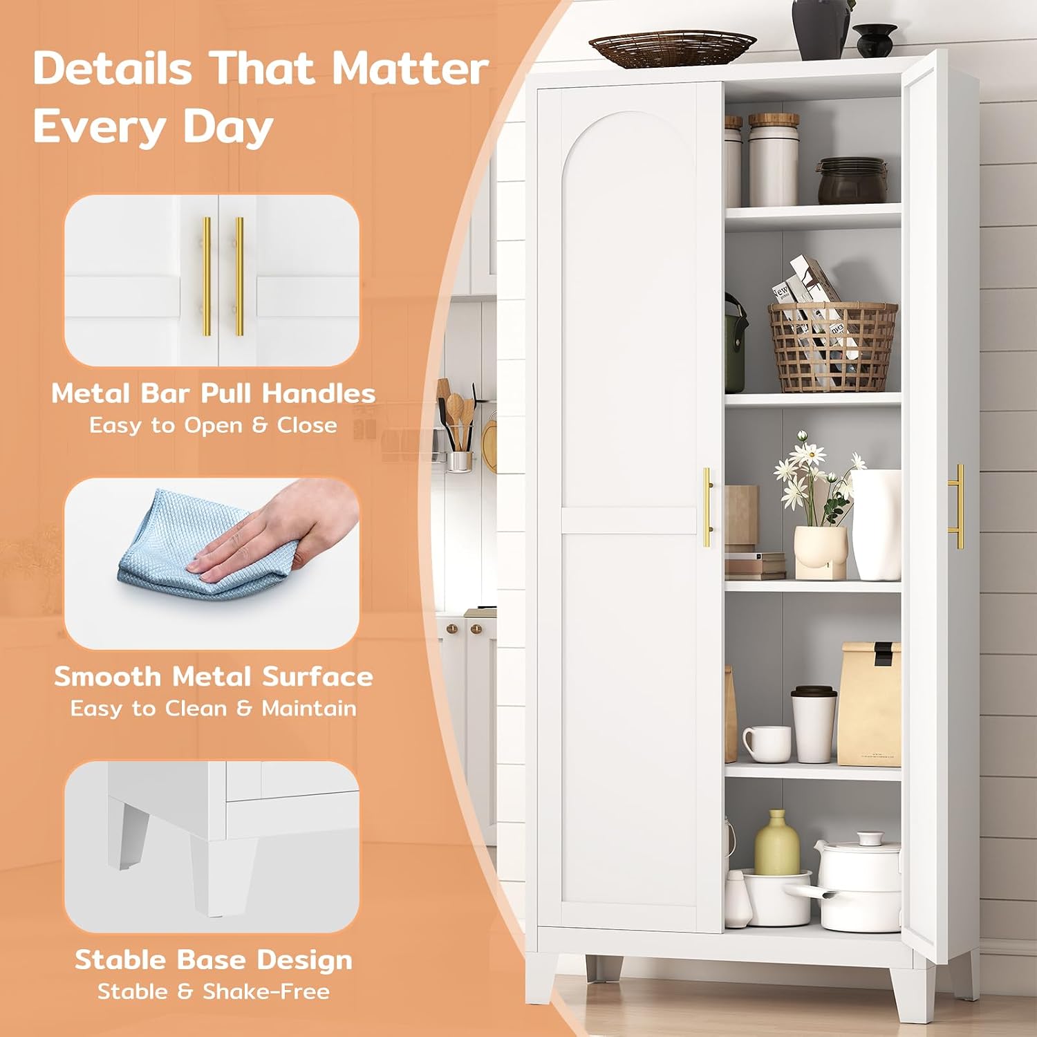 Zevemomo 71'' Tall Metal Pantry Cabinet with 2 Doors, Freestanding Kitchen Storage Cabinet with 4 Adjustable Shelves, Steel Cupboard for Kitchen, Pantry, Dining Room, Living Room, Bathroom, White