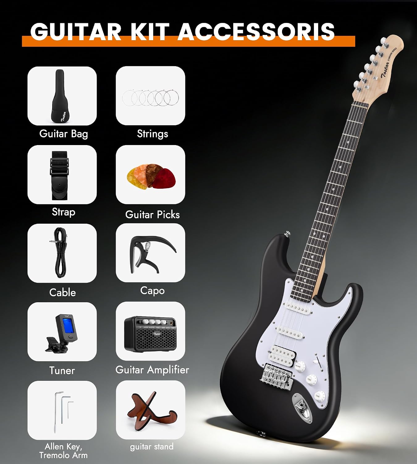Tostar 39-Inch Full Size Electric Guitar Kit, Strat-Style 5-Way SSH Pickup Switch, Beginner Set Including Amp, Strings, Guitar Stand & Gig Bag,Gift for Adults & Beginners-Black