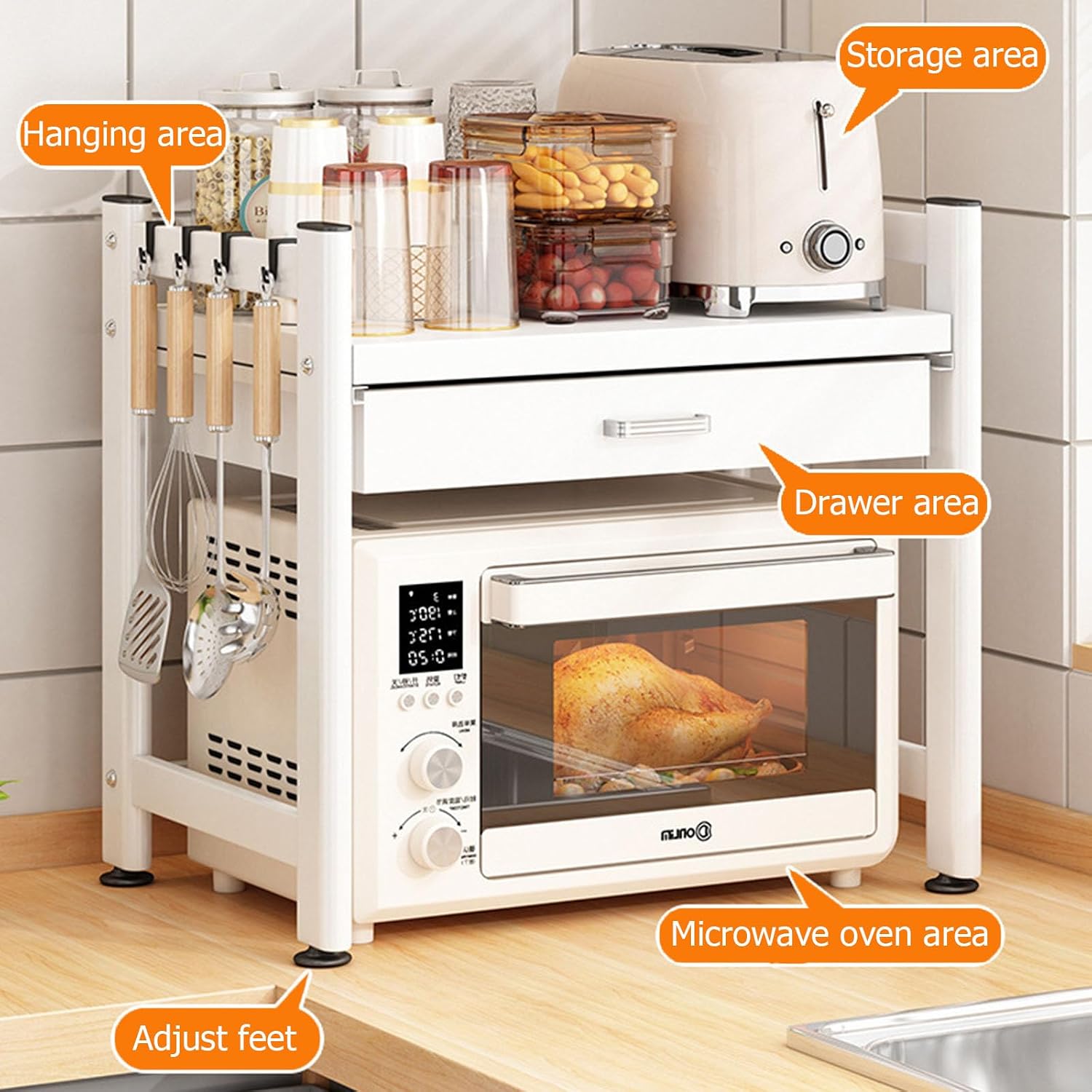 2/3 Tier Microwave Stand,Microwave Oven Rack with 4 Storage Boxes and 4 Hooks,Kitchen Bakers Rack with Sliding Drawer,Microwave Rack for Kitchen Living Dining(23.23 * 15.28 * 33.07in, A)