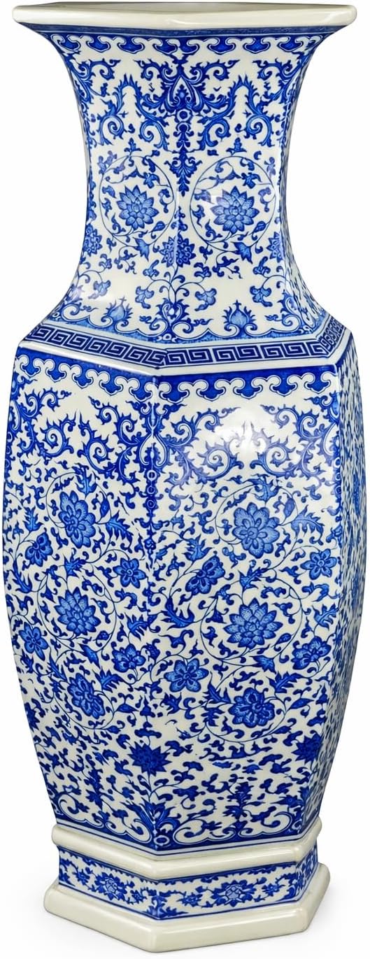 24' Classic Blue and White Hexagonal Lotus Porcelain Vase, Ceramic Vase Jingdezhen, China Qing Style （D8）