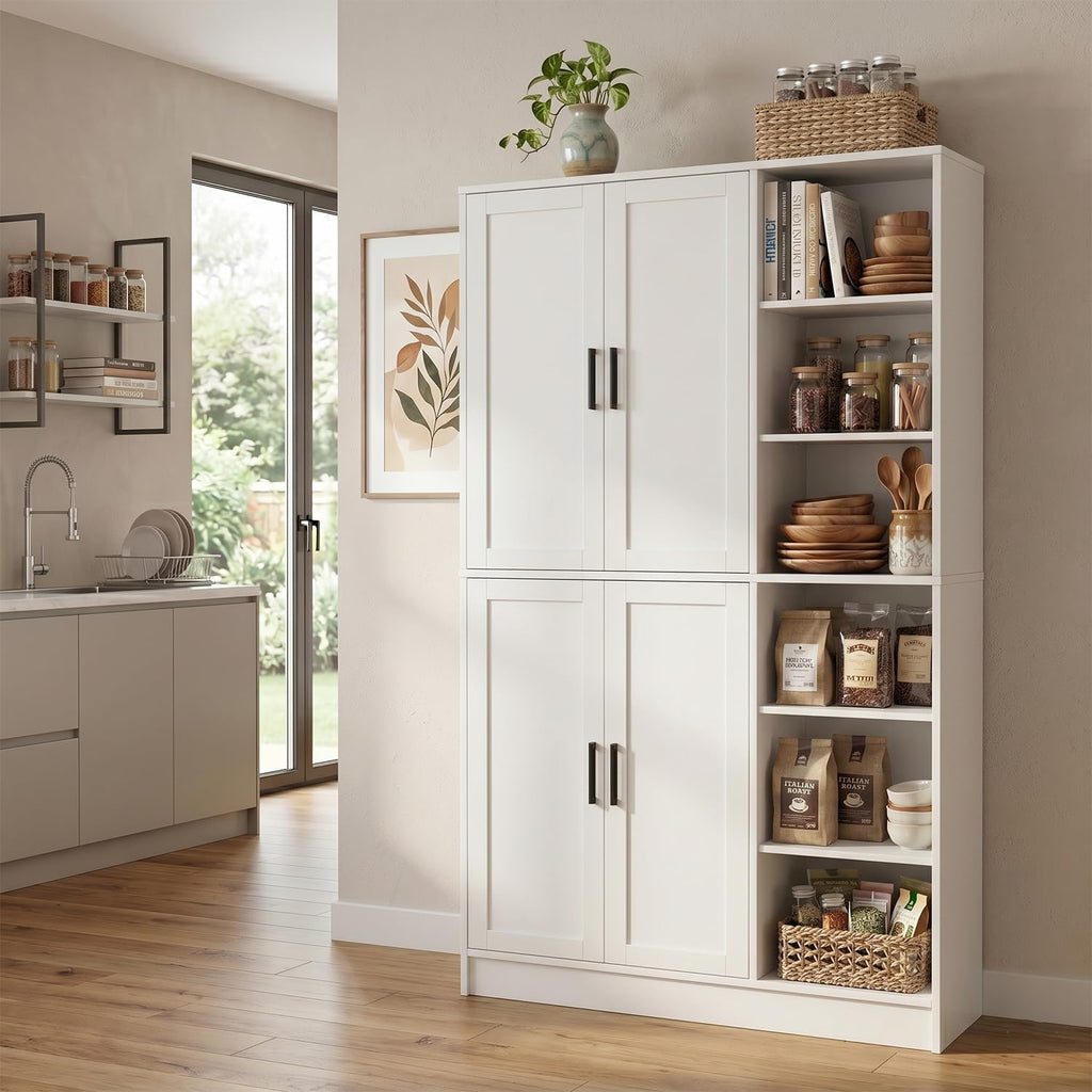 holzart 63' Tall Kitchen Pantry Cabinet, Freestanding Dining Room Storage Hutch with 4 Doors and Adjustable Shelves, Modern Utility Cupboard for Coffee Bar and Microwave, White