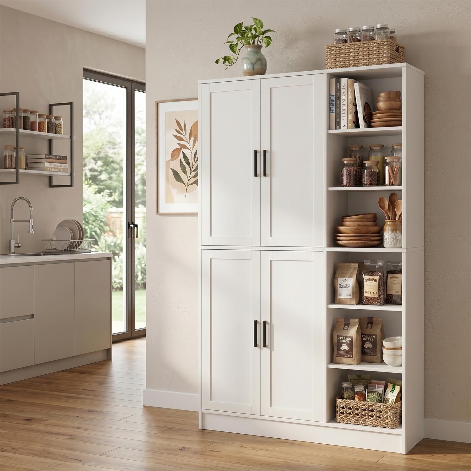 holzart 63' Tall Kitchen Pantry Cabinet, Freestanding Dining Room Storage Hutch with 4 Doors and Adjustable Shelves, Modern Utility Cupboard for Coffee Bar and Microwave, White