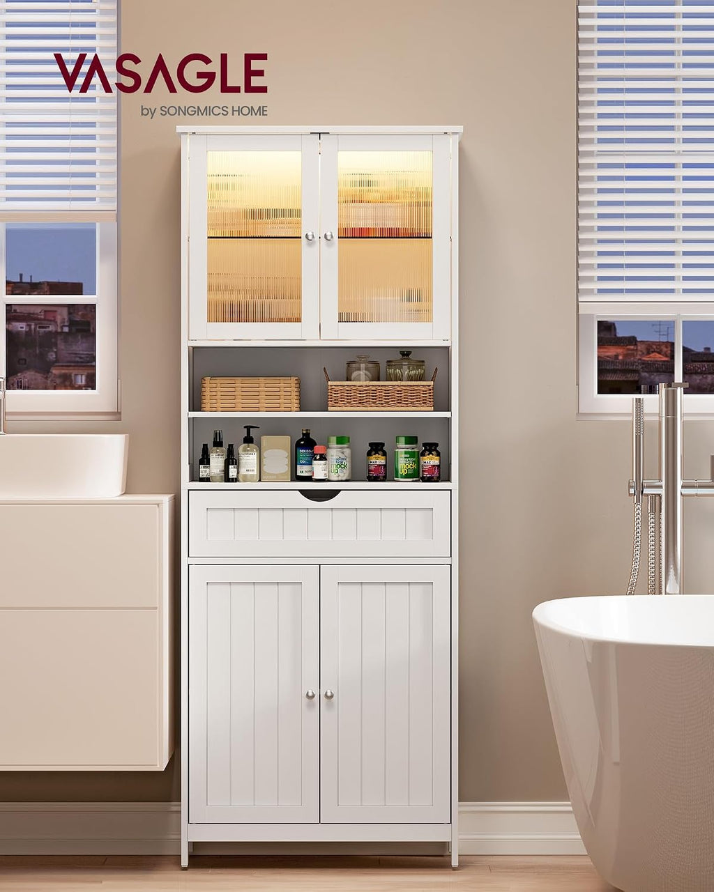 VASAGLE Storage Cabinet with LED Lights, Freestanding Storage Unit with Adjustable Shelves, Drawer, Open Compartments, for Bathroom, Living Room, Kitchen, Cloud White UBBC767WH01S
