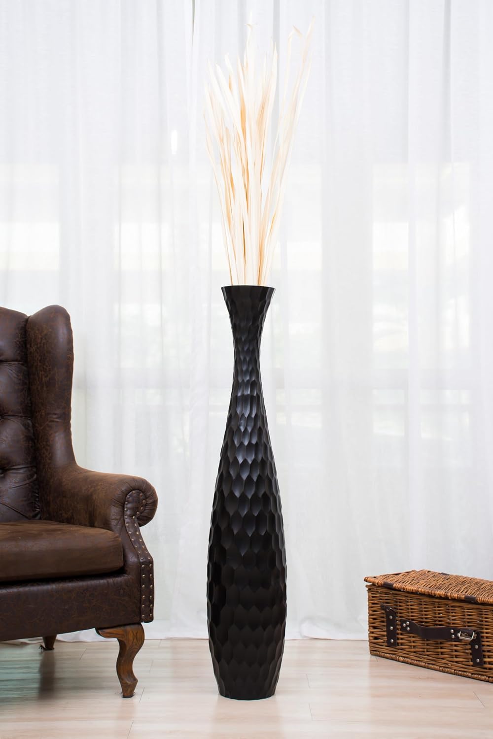Leewadee Large Black Home Decor Floor Vase - Wooden 41 inch Tall Farmhouse Decor Flower Holder for Fake Plant and Pampas Grass