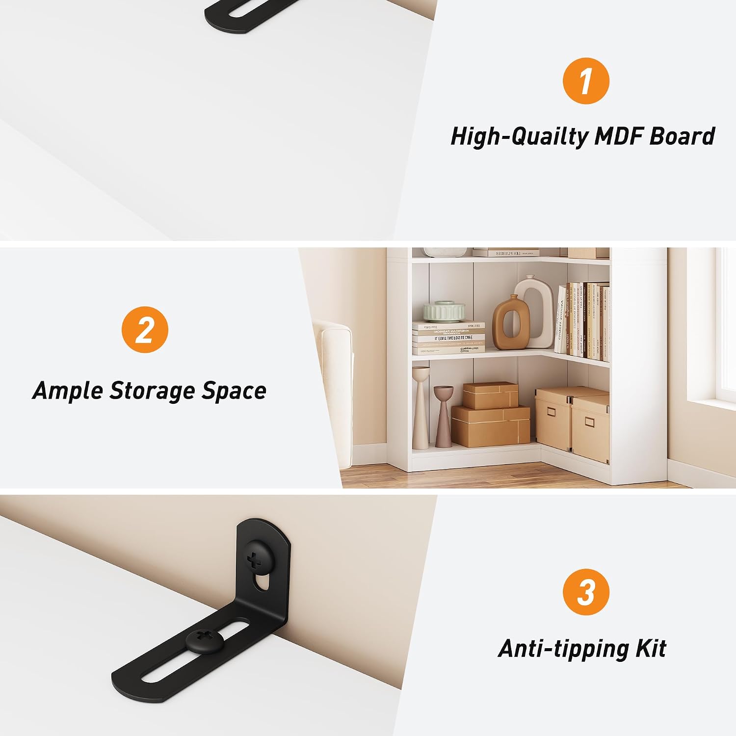 IDEALHOUSE Corner Bookshelf 72.8in Farmhouse Bookcase Large Bookshelves Wood Bookcase Tall 5 Tier Corner Shelf L Shaped Bookshelf Storage Display Rack Living Room Bedroom (White, Full Panel)