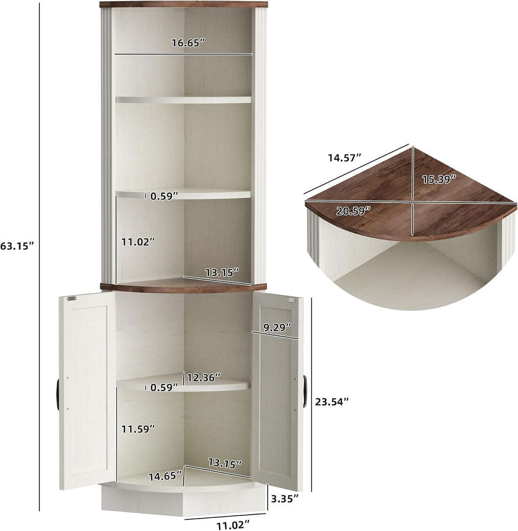 AHB 63' Tall Corner Cabinet Farmhouse Storage Cabinet with Doors and Shelves, Home Space Saver Corner Storage Shelf for Kitchen Living Room, Antique White