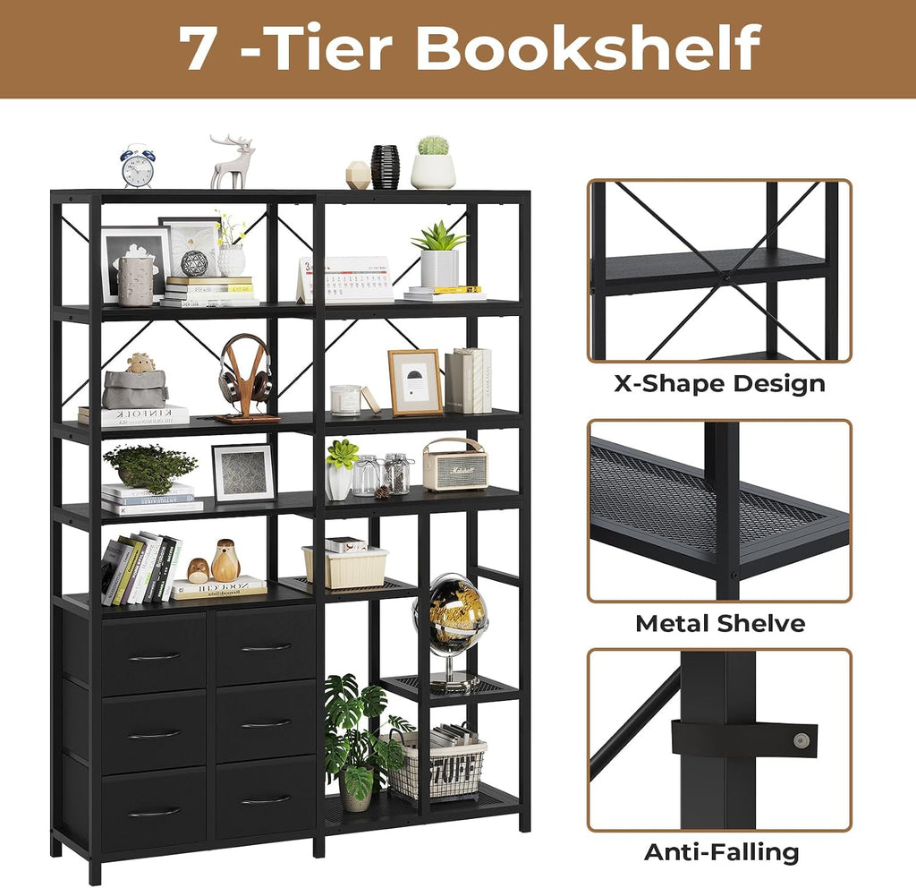 HAUOMS Corner Bookshelf, 7-Tier Bookcases Tall Convertible Book Shelf with 6 Fabric Drawers, Industrial Corner Bookshelves for Living Room, Kitchen, Home Office, Rustic Black