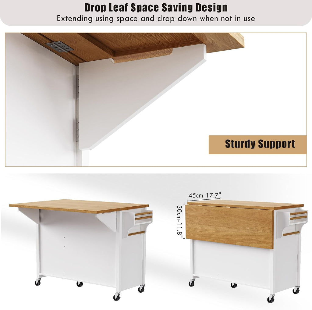 52' Kitchen Island Cart with Drop Leaf, Embossed Texture Kitchen Storage on Wheels with Spice Rack, Towel Rack, 5 Drawers, 2 Doors, Adjustable Shelf for Kitchen, Dining Room White