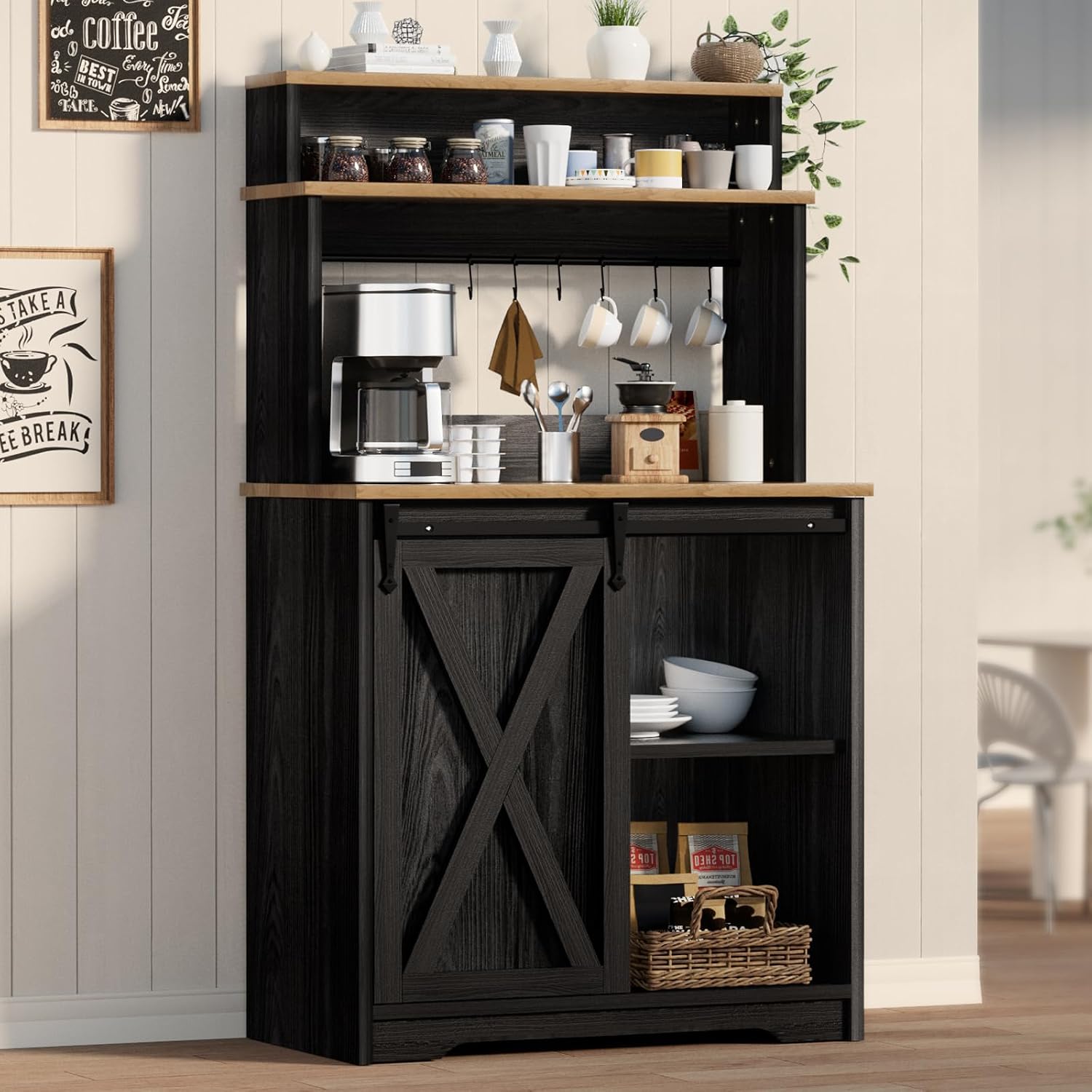 BestHaped Farmhouse Coffee Bar with 3 Tier Storage Hutch, 56 Inch Small Bar Station with 6 Hooks, Corner Table with Adjustable Shelves for Living Dining Room Black