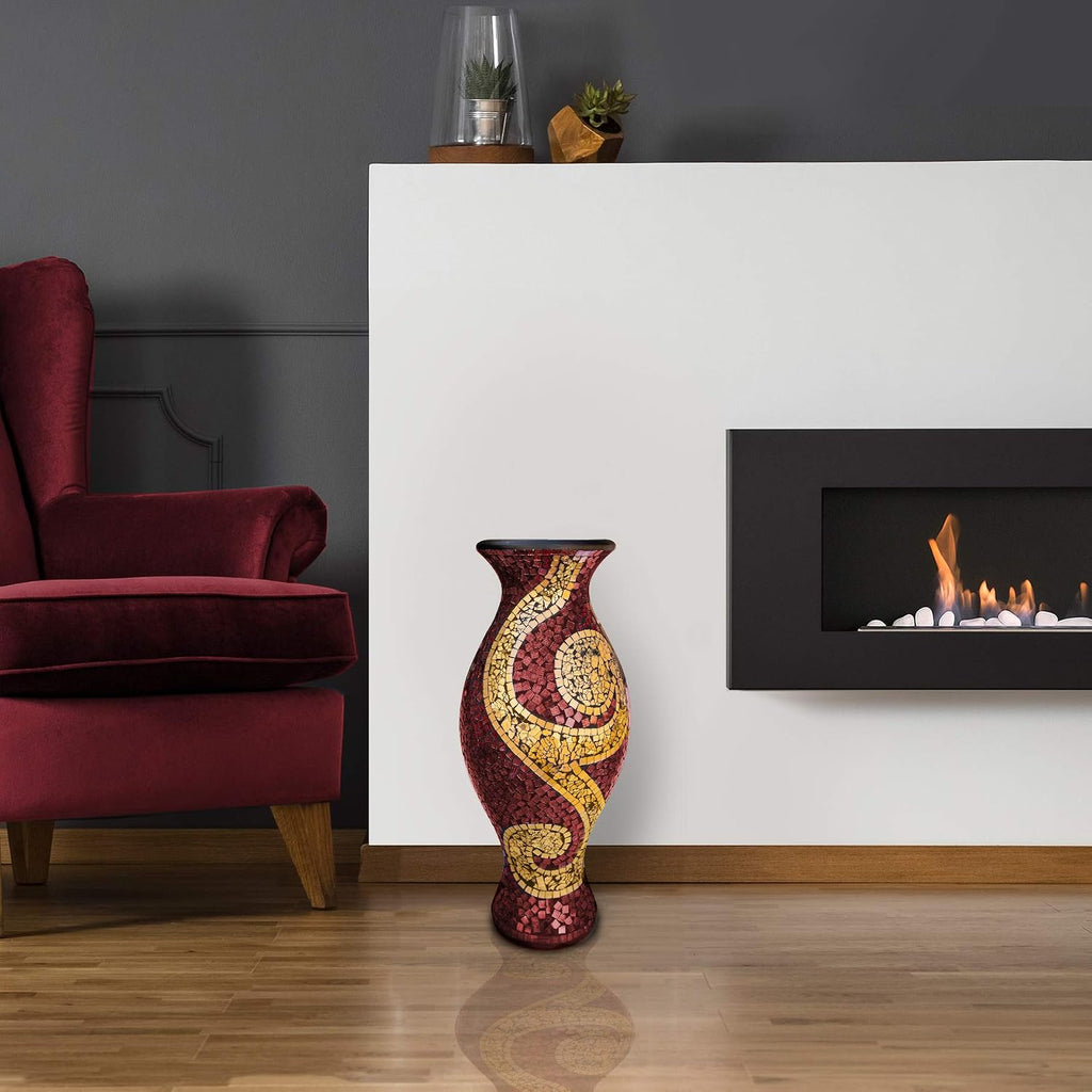 Floor Vase, 24 Inch Mosaic Vase – Tall Cylinder Made of Terracotta with Ruby Red and Gold Glass Mosaic Pieces – Handcrafted Decorative Home Décor Accent Piece for Bedroom, Living Room, Office