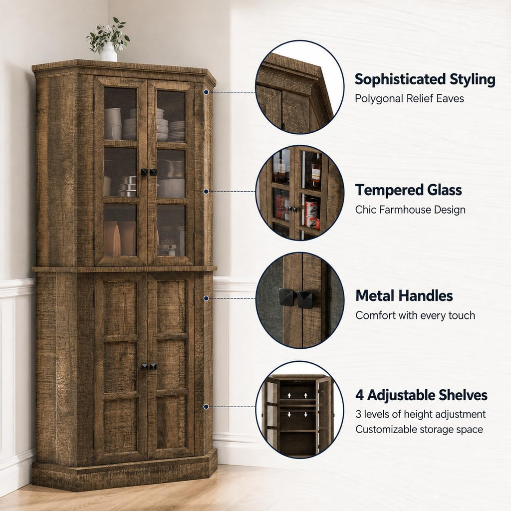 Betterhood Corner Cabinet, 67' Tall Kitchen Pantry Storage Cabinet with Glass Doors and Adjustable Shelves, Freestanding Food Pantry Farmhouse Furniture for Kitchen,Living Room, Rustic Brown