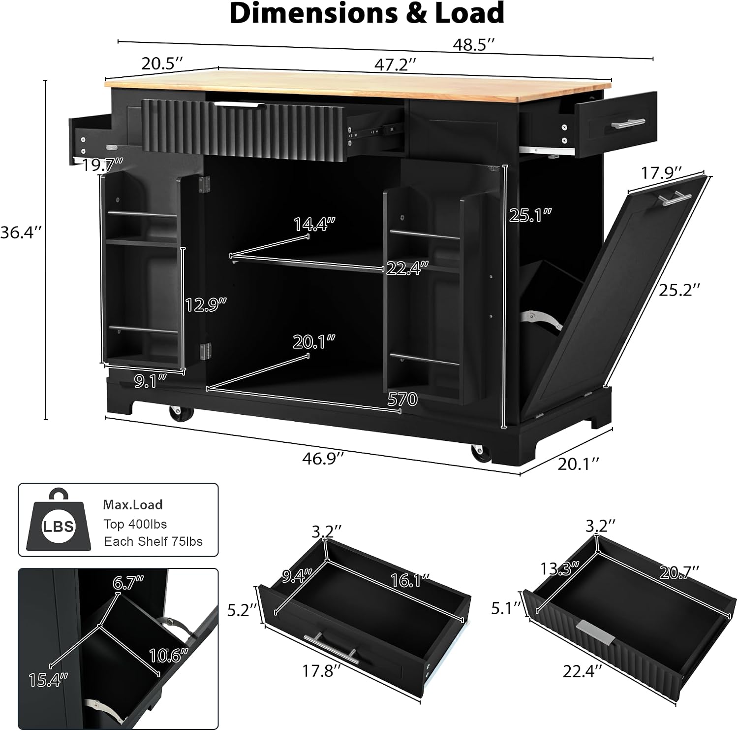 LUMISOL Kitchen Cart on Wheels with Trash Can Storage Cabinet, for 10 Gallon Garbage Bin, Rolling Kitchen Island with Internal Storage Rack, Power Outlet, 3 Drawers and Open Side Racks, Black