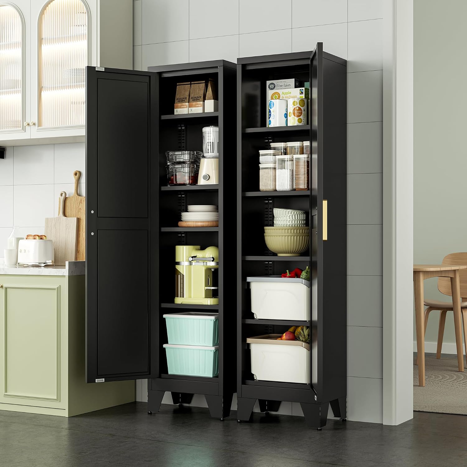 Washsemba 67''Farmhouse Metal Storage Cabinet with Barn Doors,Steel File Cabinet for Home Office,Kitchen Pantry 4 Adjustable Shelves,Freestanding Cupboard for Kitchen,HomeOffice (Black)