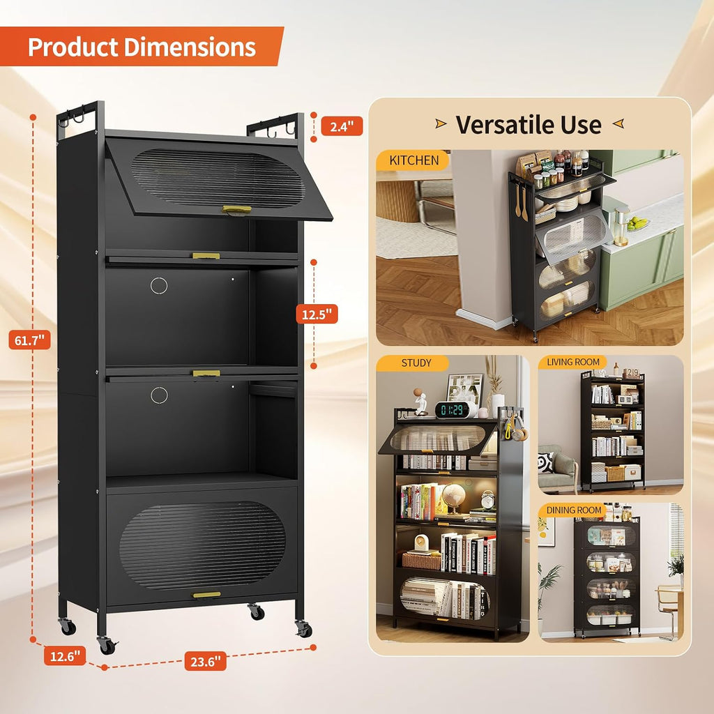 Dyoung Metal Kitchen Storage Cabinet with Flip-up Doors, Freestanding Pantry Cabinet with 4 Rolling Wheels, 5-Tier Mobile Microwave Stand with Storage Rack for Kitchen Dining Living Room (Black)