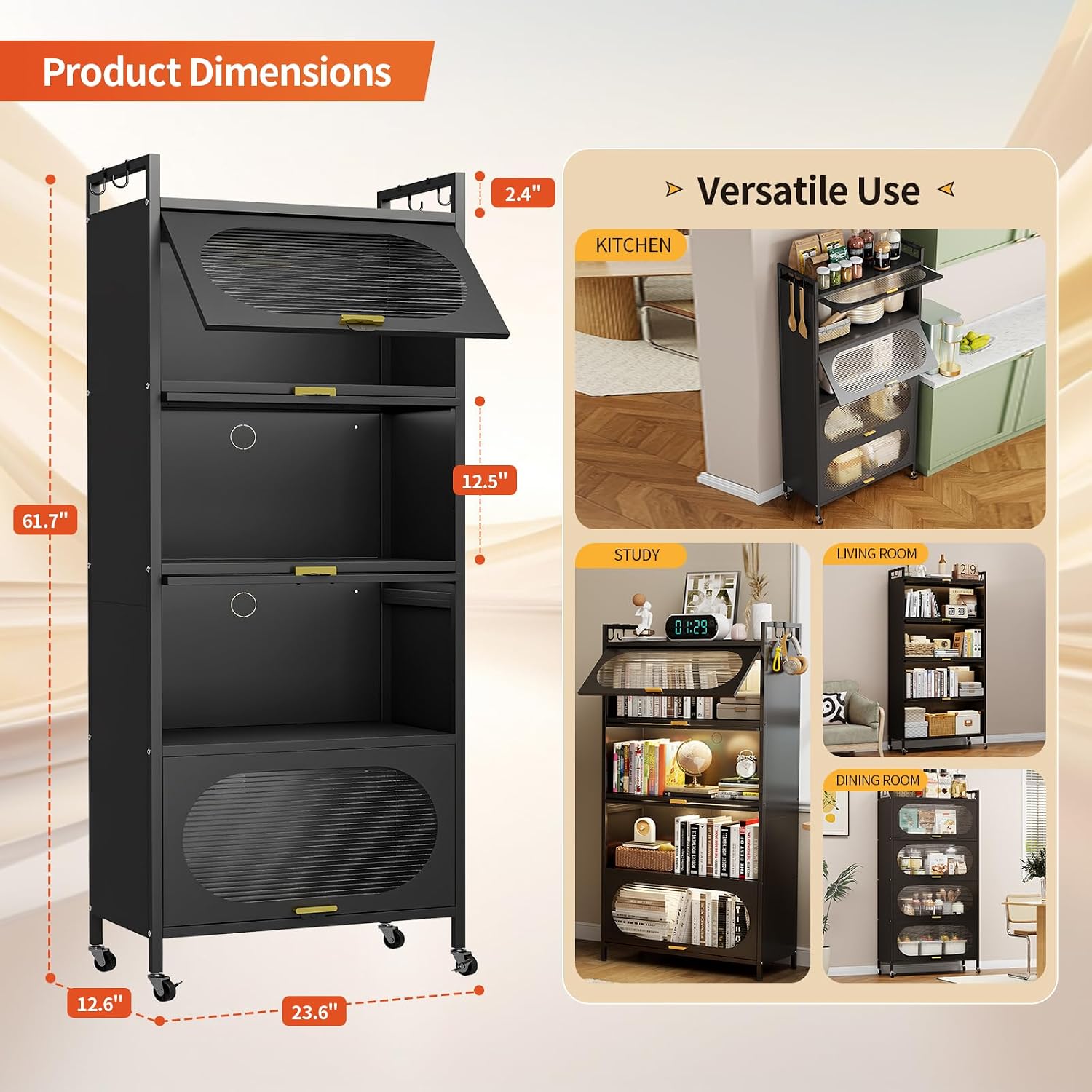 Dyoung Metal Kitchen Storage Cabinet with Flip-up Doors, Freestanding Pantry Cabinet with 4 Rolling Wheels, 5-Tier Mobile Microwave Stand with Storage Rack for Kitchen Dining Living Room (Black)