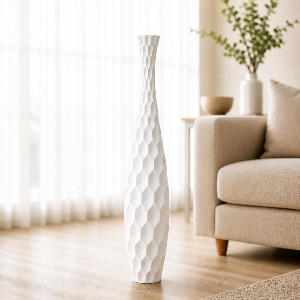 Leewadee Large White Home Decor Floor Vase - Wooden 34 inch Tall Farmhouse Decor Flower Holder for Fake Plant and Pampas Grass