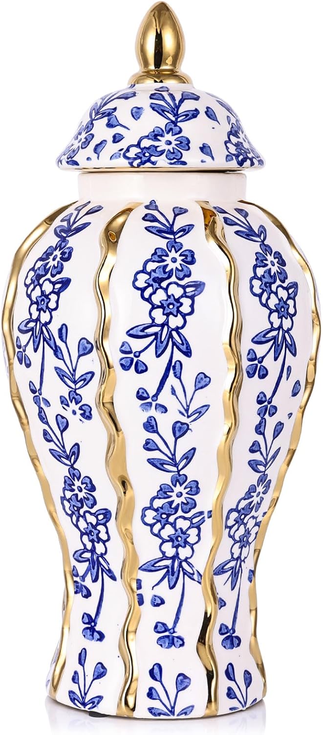 18.1in White and Gold Blue Luxury Ceramic Ginger Jar with Lid - Modern Geometry Decorative Vase for Home Decor, Living Room, Kitchen, Dining Table, Cabinet Decor, Storage