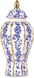 18.1in White and Gold Blue Luxury Ceramic Ginger Jar with Lid - Modern Geometry Decorative Vase for Home Decor, Living Room, Kitchen, Dining Table, Cabinet Decor, Storage