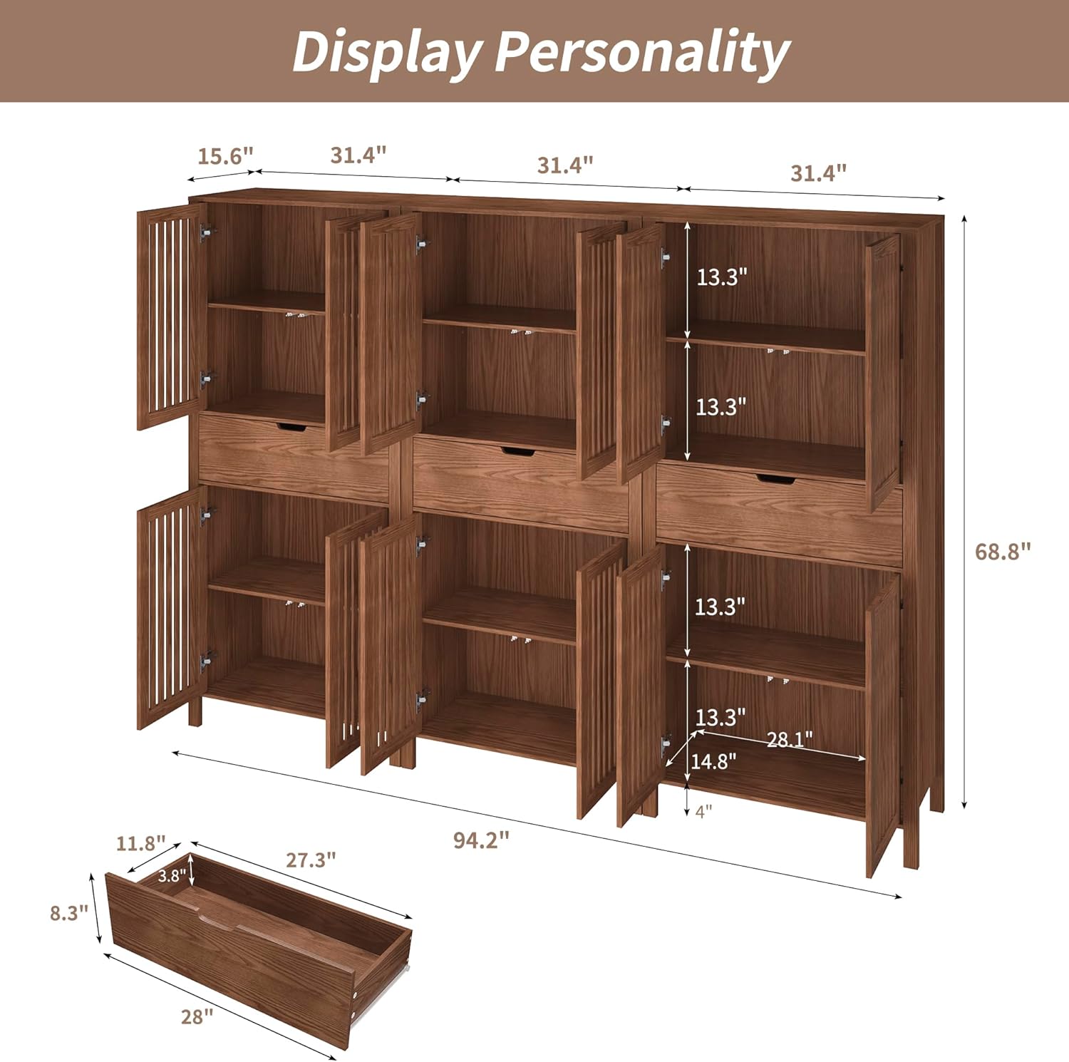 BVIUNTWO Set of 3 Rustic Brown 69' Tall Farmhouse Storage Cabinet with Drawer & Adjustable Shelves, Grille Door Organizer Unit, Anti-Tip Design for Bathroom,Kitchen,Living Room