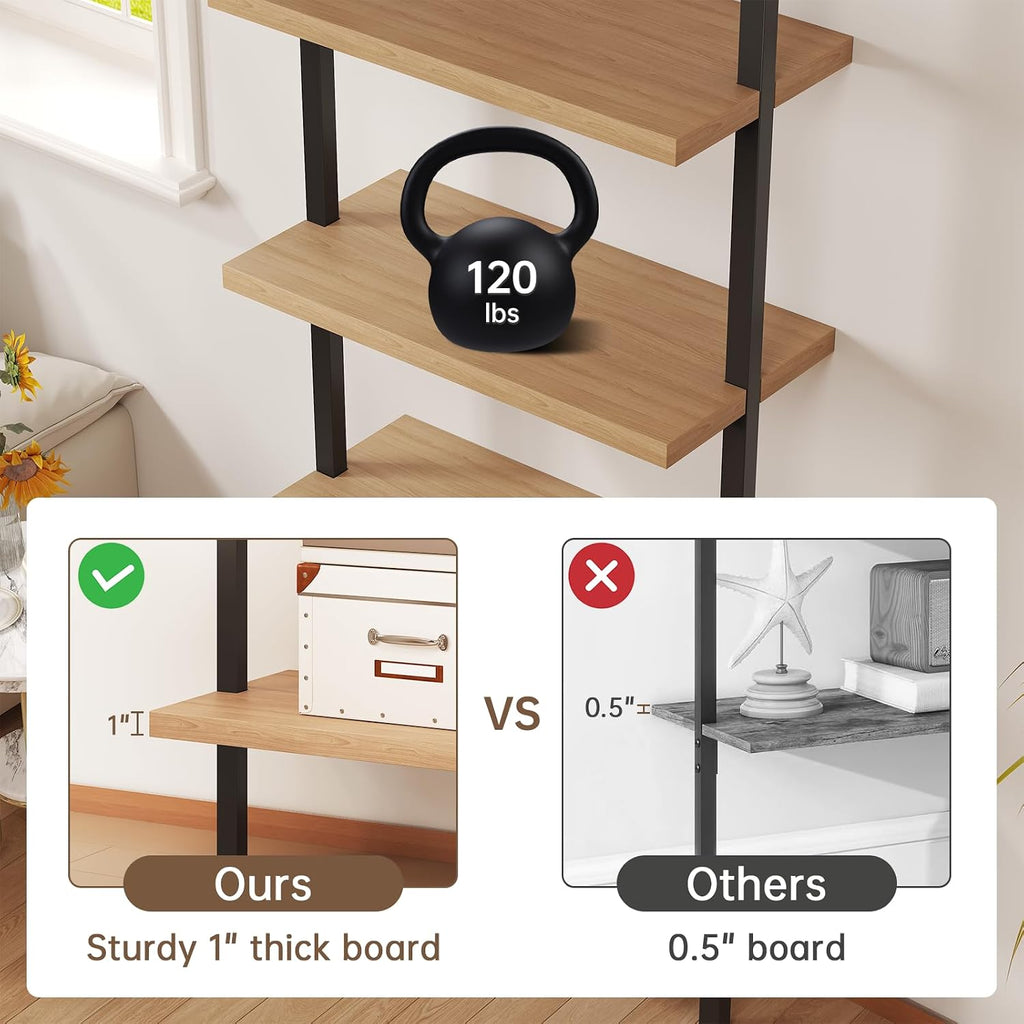 Airynee Ladder Bookshelf, 4 Tier Book Shelf with Rattan Cabinet, Wall Mount Bookshelves and Bookcases with Metal Frame, Anti Dump, Tall Bookcase for Living Room, Home Office, Bedroom Oak 3pcs