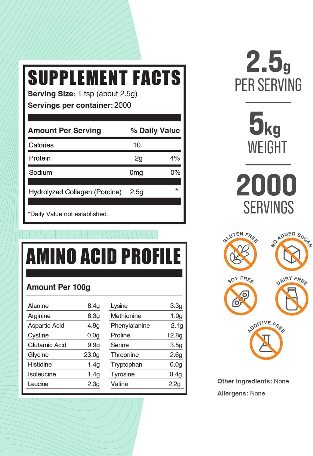 BulkSupplements.com Porcine Collagen Powder - Hydrolyzed Collagen Supplement, for Hair, Skin, & Nails - Unflavored & Gluten Free, 2.5g per Serving, 1kg (Pack of 5) (11 lbs)