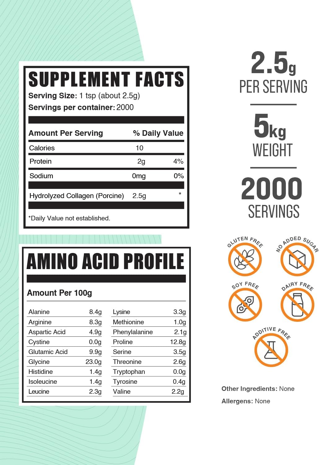 BulkSupplements.com Porcine Collagen Powder - Hydrolyzed Collagen Supplement, for Hair, Skin, & Nails - Unflavored & Gluten Free, 2.5g per Serving, 1kg (Pack of 5) (11 lbs)