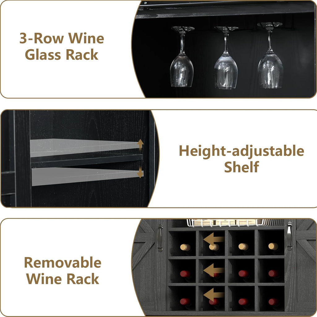 55 Inch Farmhouse Coffee Bar Cabinet with 3-Tier Enclosed Storage Cabinet, Kitchen Hutch with 12 Wine Racks & 3 Glass Holders, Coffee Bar with 6 Hooks, Wood Furniture for Dining Living Room, Black