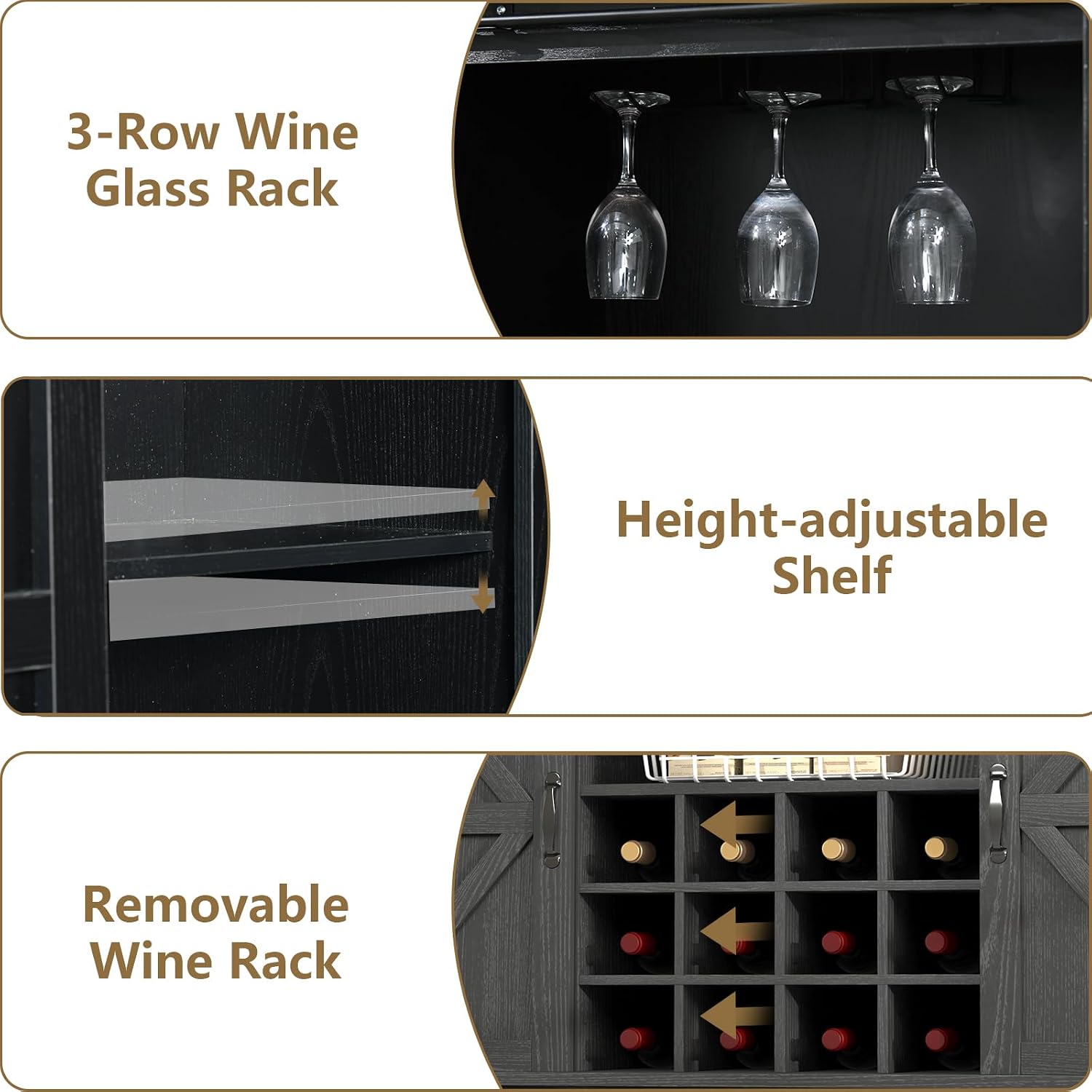55 Inch Farmhouse Coffee Bar Cabinet with 3-Tier Enclosed Storage Cabinet, Kitchen Hutch with 12 Wine Racks & 3 Glass Holders, Coffee Bar with 6 Hooks, Wood Furniture for Dining Living Room, Black