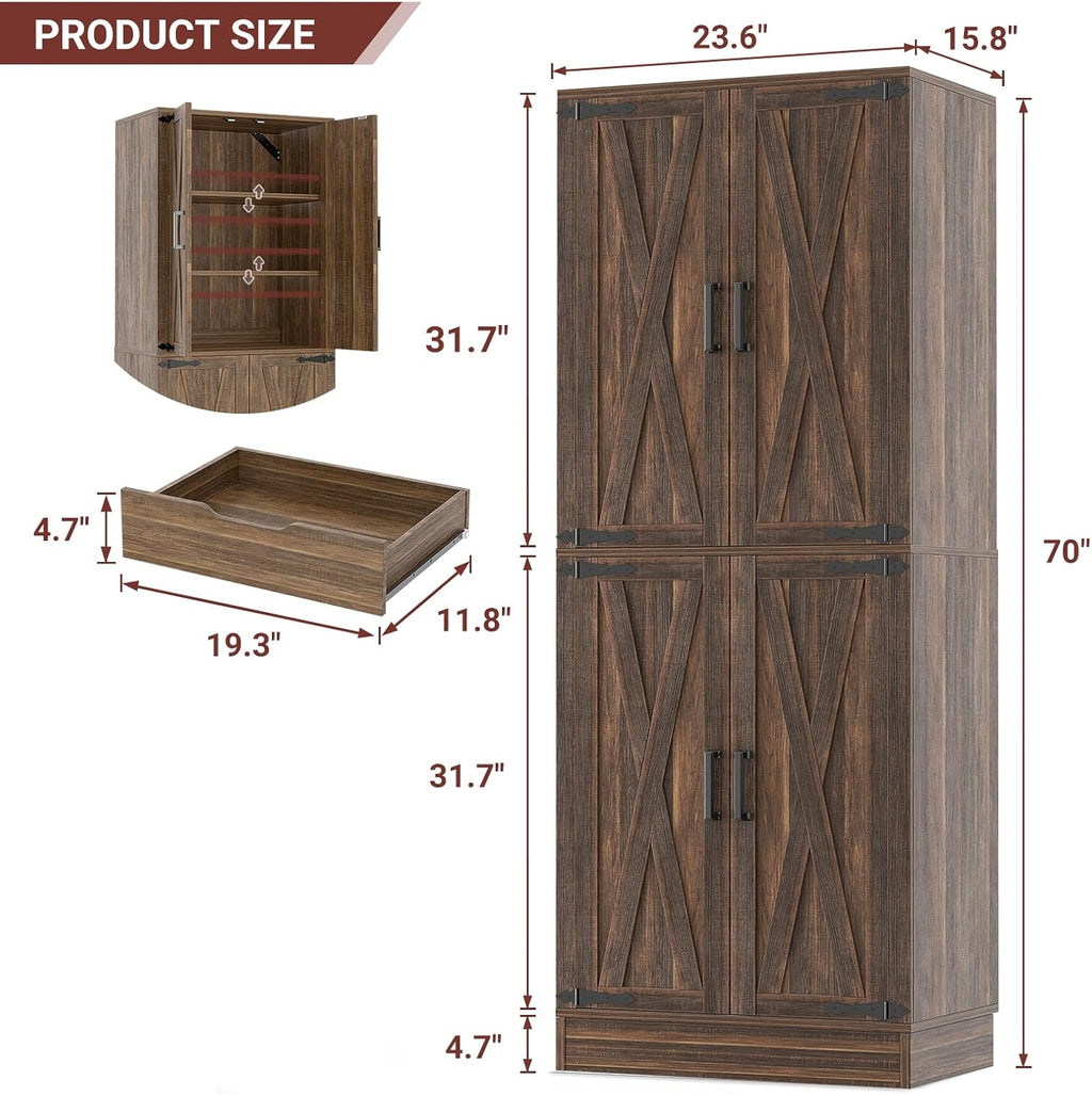 Unikito 71' Farmhouse Kitchen Pantry Storage Cabinet with Barn Doors, Adjustable Shelves & Drawer Organizer, Versatile Tall Storage Cupboard for Dining Room, Bathroom, Utility Room, Weathered Brown