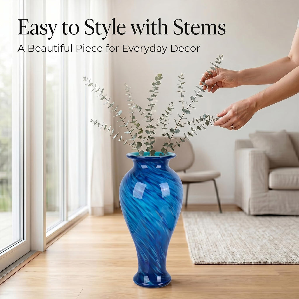 20' Tall Blue Glass Vase Hand Blown Large Floor Glass Vase Home Decor, Pretty Modern Dark Blue Flowers Vases, Jarrones Grandes para Sala Elegantes, Large Vases for Living Room Wedding Decor