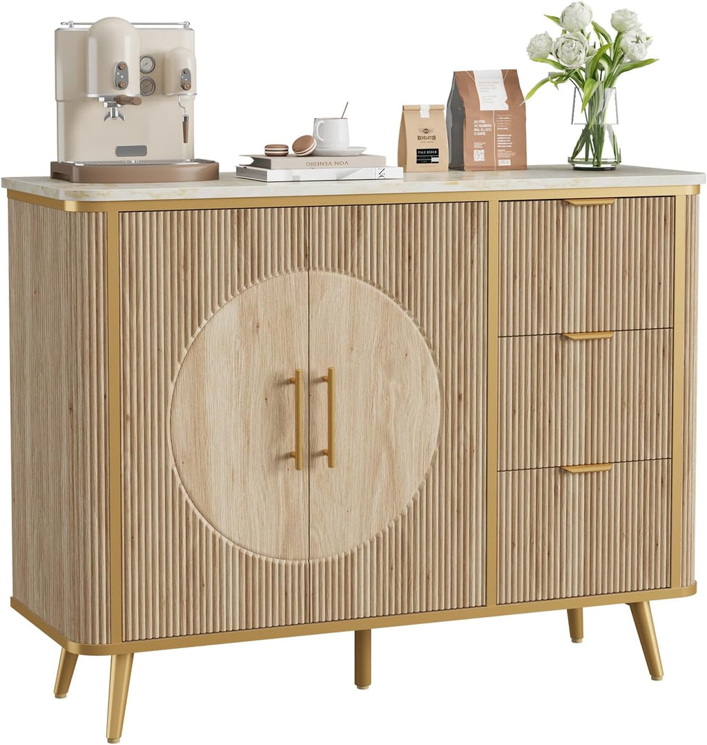47.3' Modern Buffet Cabinet with Storage, Kitchen Sideboard Buffet with 2 Door & 3 Drawers, Fluted Caffee Bar Storage Cabinet for Dining Room, Living Room, Entryway, Natural Oak