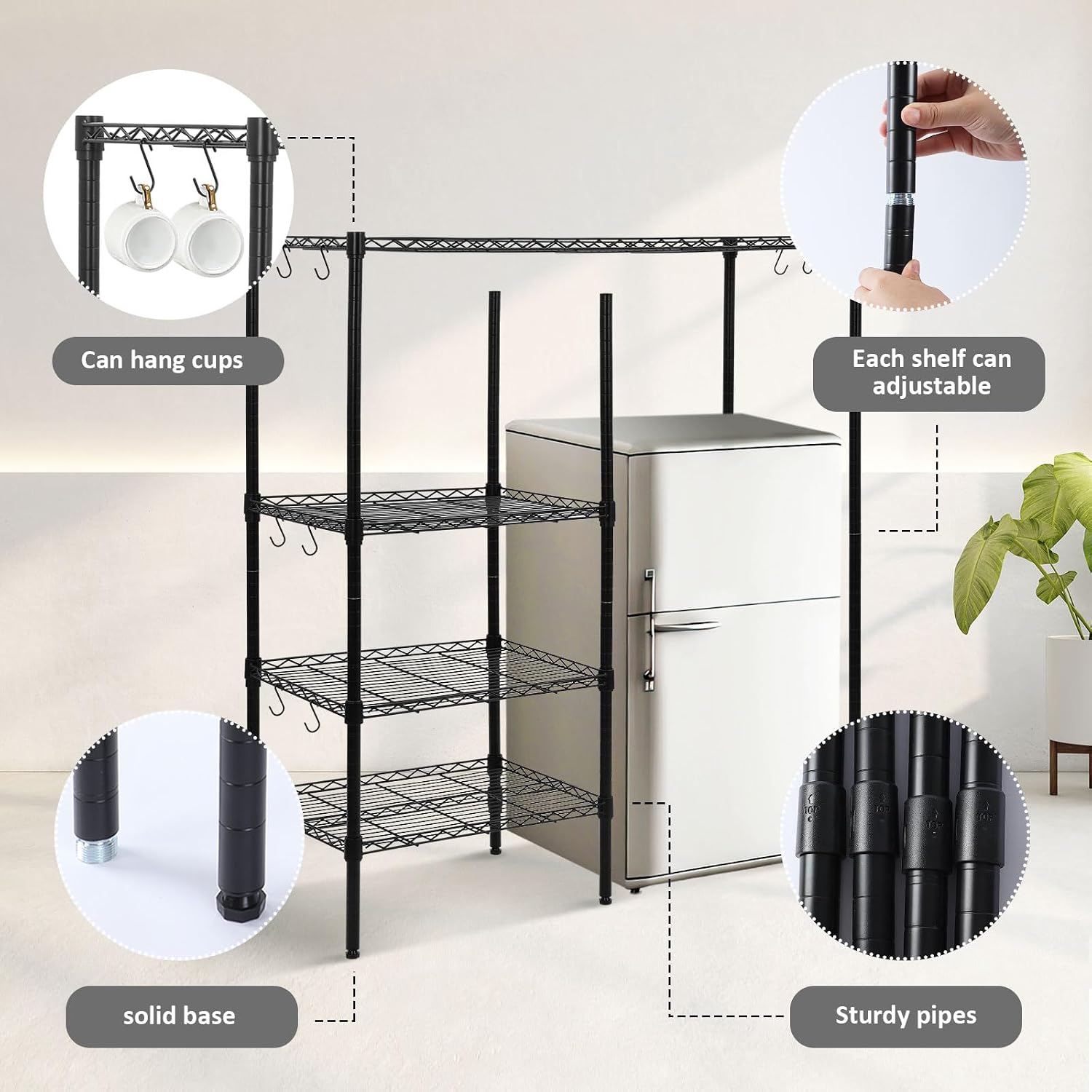 Huwena Mini Fridge Stand with Storage Shelf for Dorm 4 Tier Mini Microwave Stand Baker Rack Adjustable Height Over Fridge Storage Organizer with Hook for College Dorm Kitchen Office Coffee Bar(Black)