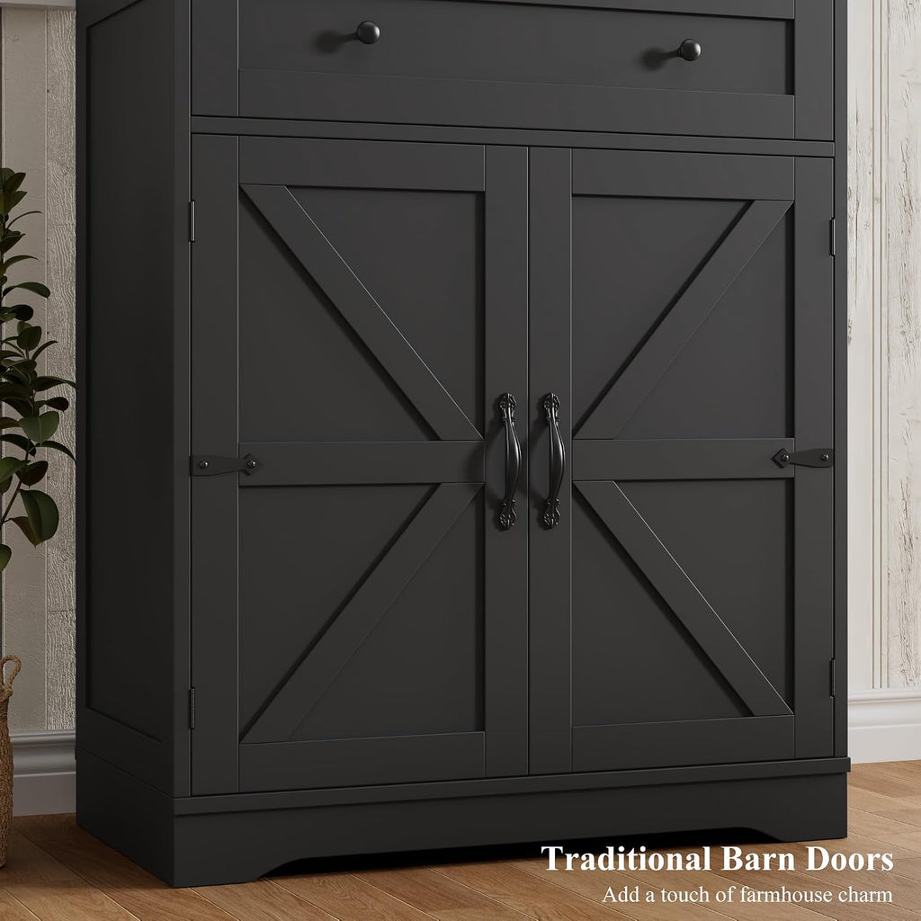 HOSTACK 71' Tall Pantry Cabinet, Farmhouse Kitchen Pantry with Storage Shelves, Barn Doors Food Storage Cabinet, Freestanding Kitchen Hutch with Large Drawer for Dining Room, Living Room, Black