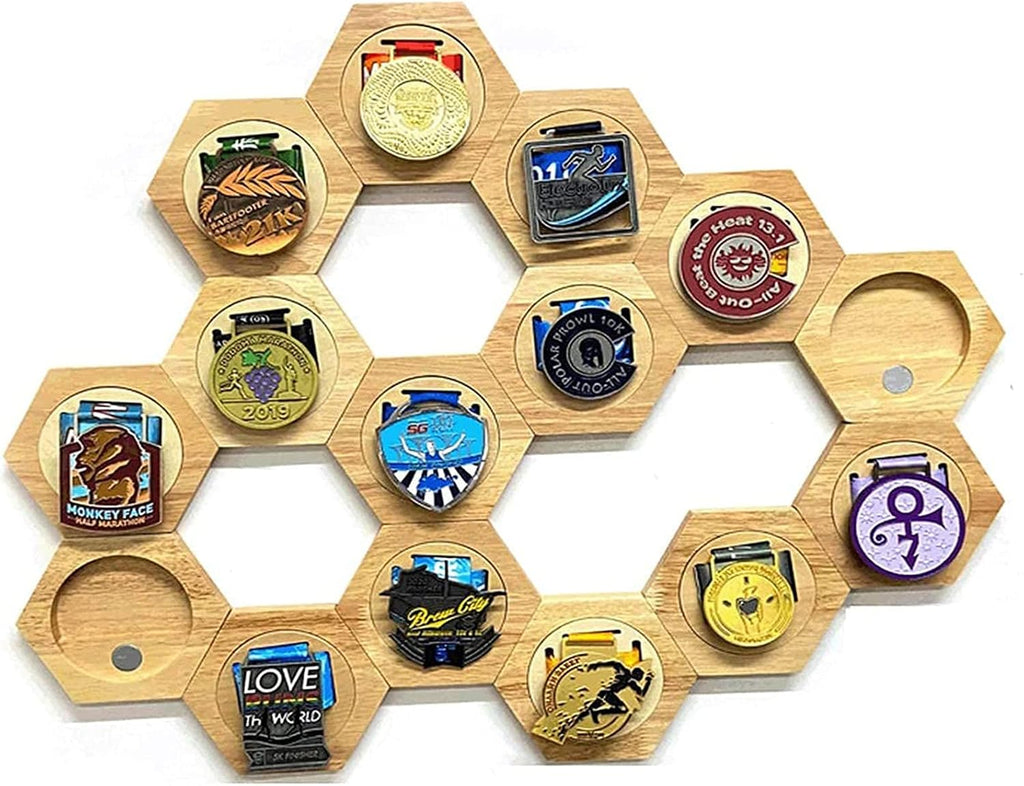 Hexagonal Medal Display Frame 24Pcs/Set Wood Medal Hanger Display Box Punch-Free Creative Stitching Sports Medal Holder, for Military/War/Sports Medal,15pcs