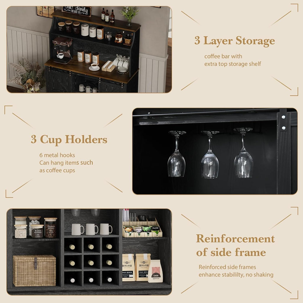 REVOMINCA 47 Inch Farmhouse Coffee Bar Cabinet with 3-Tier Storage, Coffee Bar Hutch with 9 Wine Racks, 3 Glass Holders, 6 Hooks, Kitchen Hutch for Dining Living Room, Black